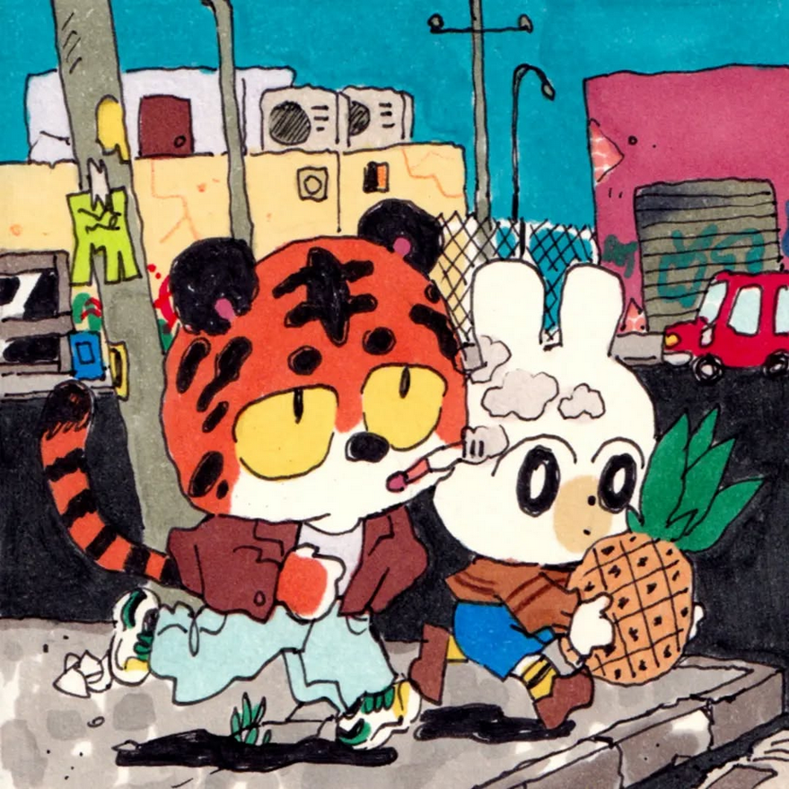 artwork depicting two animal characters approaching a street corner