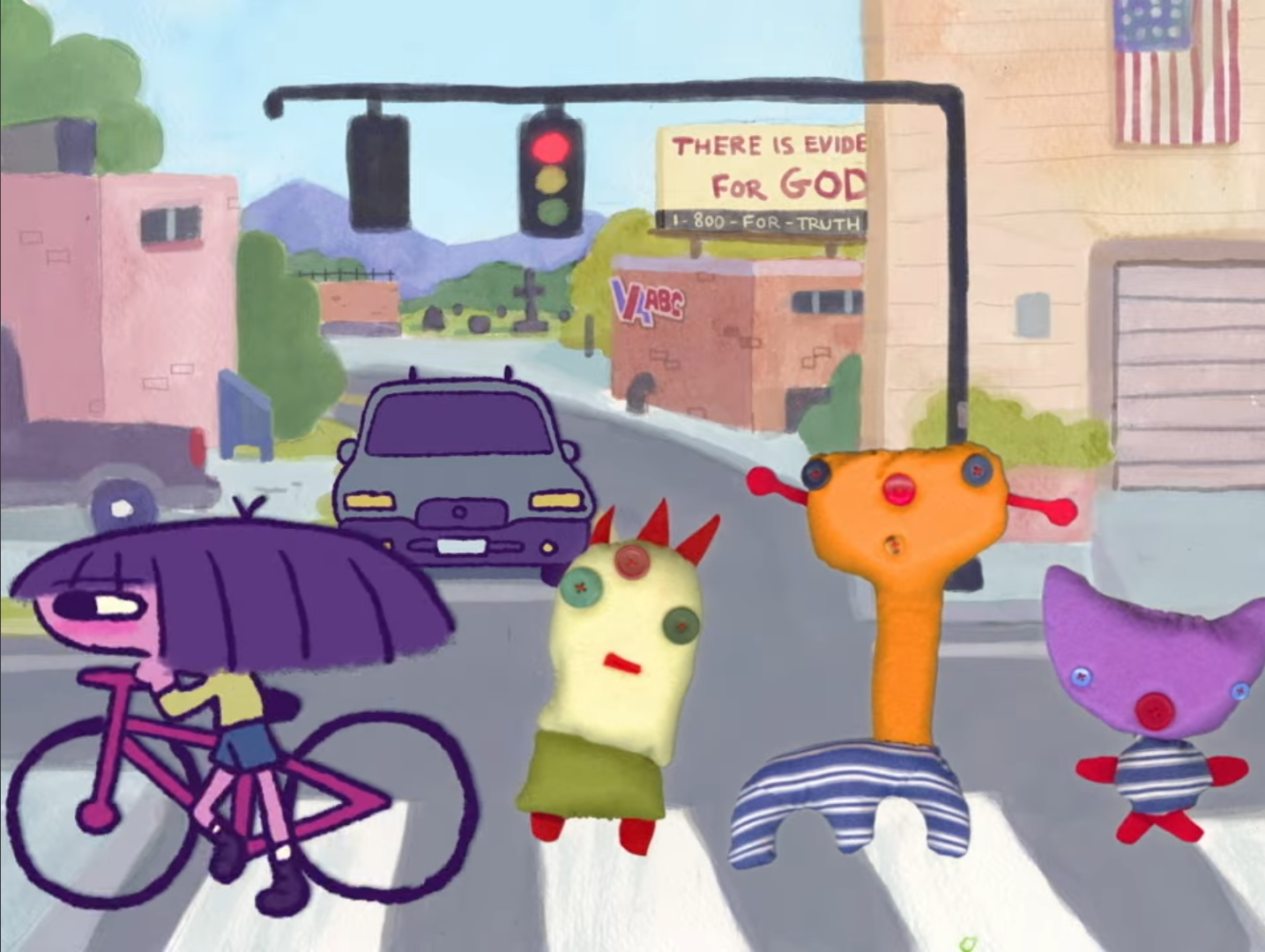 a character walking a bike across the street, passing three childlike, hand-crafted characters