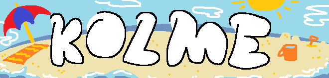 a banner drawing of a beach shore with the text 'KOLME' in white on the sand