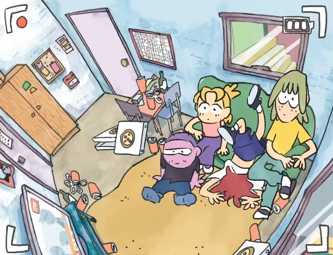 a screenshot from Day Job of the break room end credits from episode 2