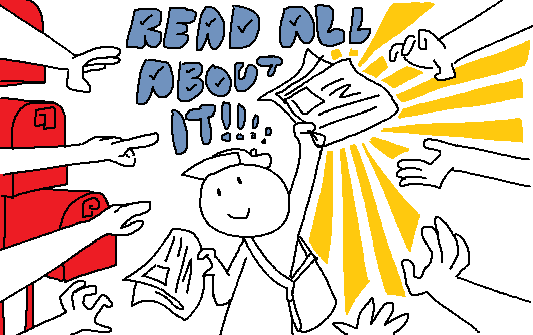 a depiction of the new paperboy holding up a newspaper with several arms reaching towards it, red mailboxes line the left side, blinding yellow light on the right