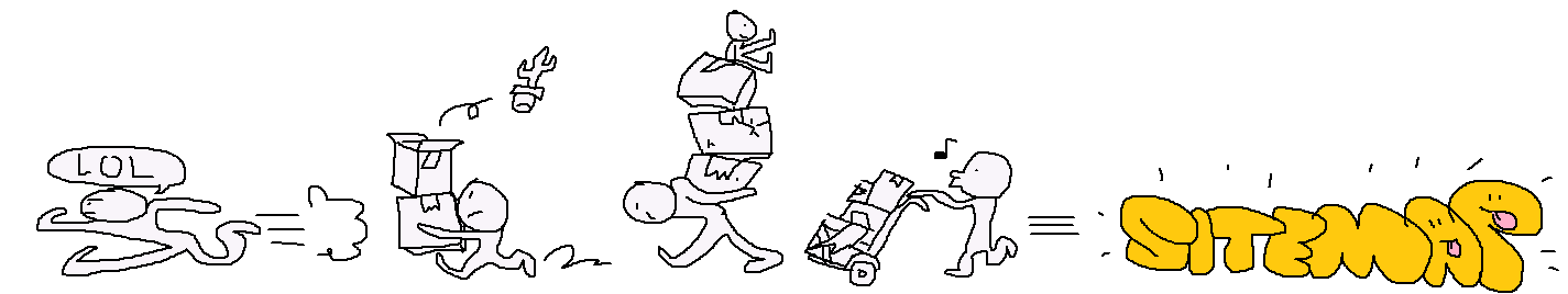 some kolme people transferring boxes. the first one is running ahead of everybody saying 'LOL'. The second one is carrying two boxes with a cactus flying out the top of one. The third one is carrying three boxes on it's back with the added weight of the fourth person. the fifth person is wielding a dolly with four boxes of various sizes. The text 'SITEMAP' accompanies them to the right in an incredible font.