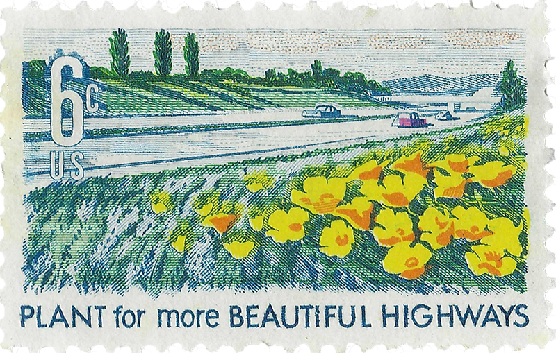 a real life stamp that depicts a highway with roadside flowers that says 'PLANT for more BEAUTIFUL HIGHWAYS' and '6c US'
