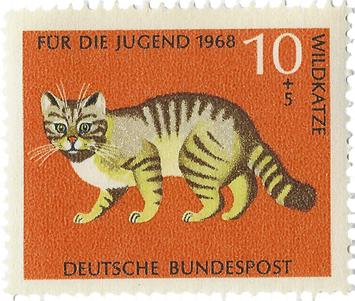 a real life German stamp that depicts a cat with the text 'FUR DIE JUGEND 1968, 10 + 5, WILDKATZE, DEUTSCHE BUNDESPOST'